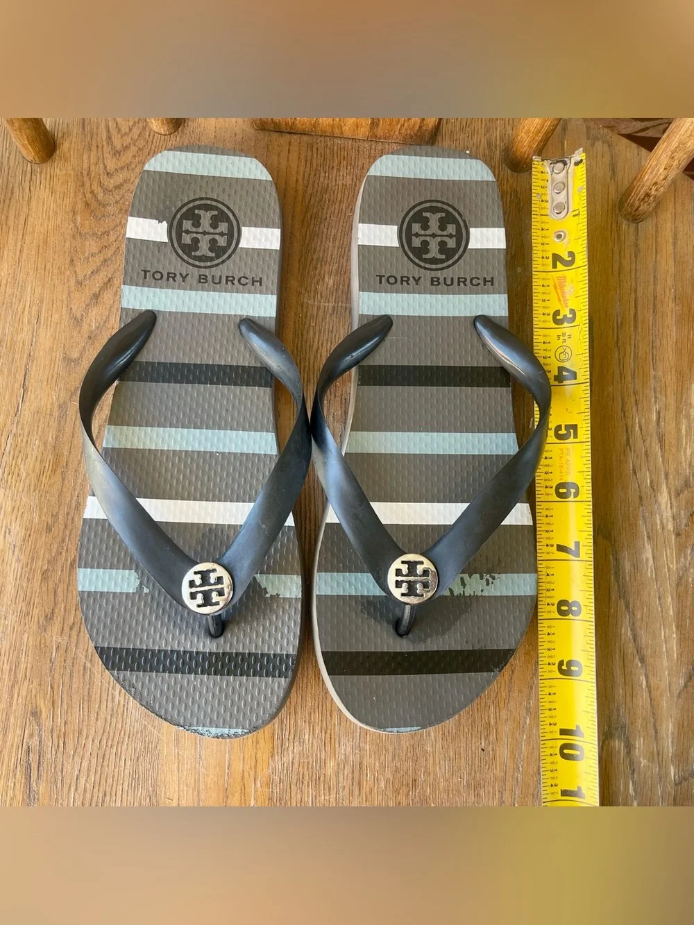 Tory Burch Thin Flip Flops -Striped Gray/Blue Logo Sandals Sz7(Read Description) - Picture 2 of 3
